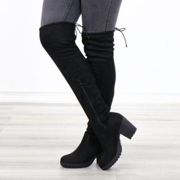 Lug Chunky Heel BlackThigh High Suede Boots - Picture 14 of 15
